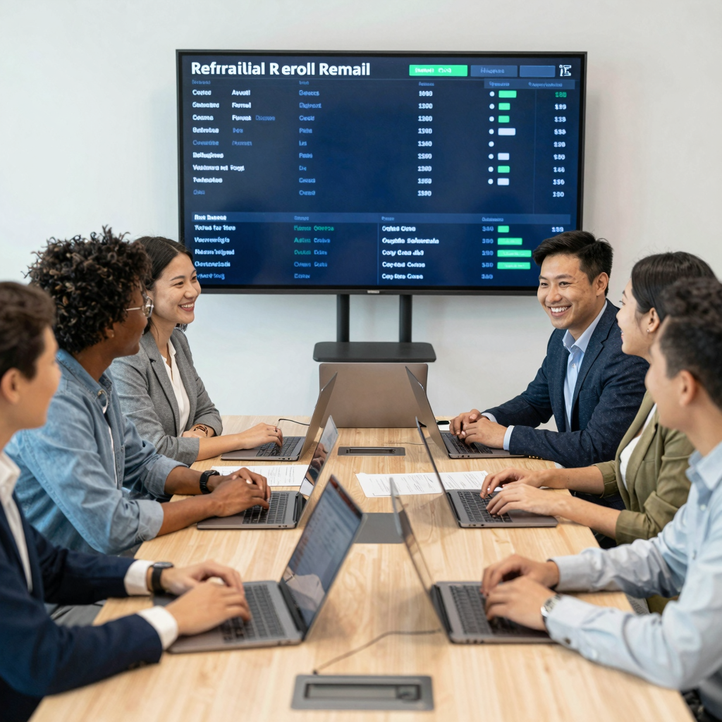 A diverse talent team gathered around a conference table, smiling and discussing referral candidates, with laptops and a digital dashboard on screen showing referral stats.